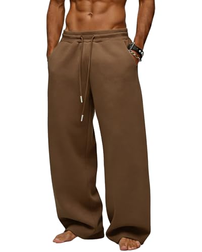 Image of Men's Baggy Sweatpants Wide Leg Fleece Lounge Joggers with Deep Pockets | Soft 65% poly 35% cotton stretch blend, outer drawstring, open bottom, relaxed fit for gym, travel, errands and daily wear
