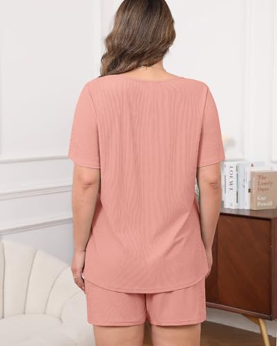 Image of Womens Plus Size Pajama Sets 2 Piece Summer Outfits Short Sleeve Tops Shorts with Pockets for Lounge Sleepwear