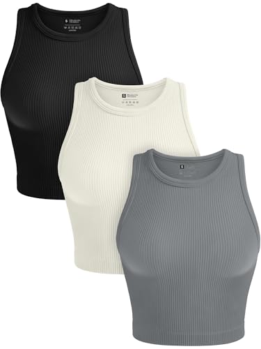 OLCHEE Womens 3 Pack Crop Tank Tops Basic Seamless Ribbed Round High Neck Racerback Workout Top Summer Causal Yoga Gym Shirts