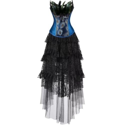 Jutrisujo Corsage korsett kleid korsettkleid dress Vollbrust Feder bustier Damen Dessous Stickerei Kostüme Pfau Pattern Burlesque Blau L