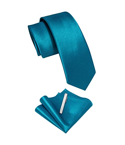 Image of YourTies Skinny Ties for Men Satin 2.4 inch Slim Necktie with Pocket Square Tie Clip Set Solid Color Wedding Party Business