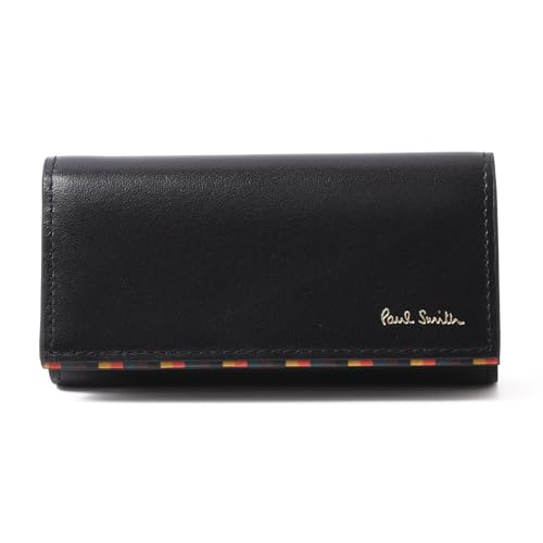 [ポールスミス] セット品/名入れ可 ブライトストライプトリムSS24 キーケース レザー 小銭入れ 牛革 813005 P842 (ブラック, 名入れなし)