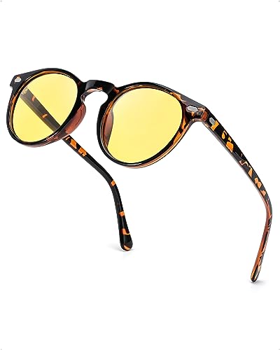 SIPHEW Gafas de visión nocturna retro, redondas, amarillas, polarizadas, ideales para conducción nocturna, condiciones de poca luz, marrón carey
