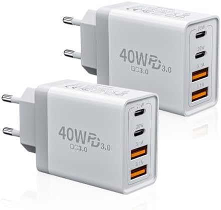 2er Pack USB C Ladegerät, 40W 4-Ports USB-C&USB-A Mehrfach Typ C Schnellladegerät Netzteil Adapter Stecker für iPhone 17 16 16e 15 14 Pro Max 13 12 11 SE 2020 XS XR 8 7, Samsung, T