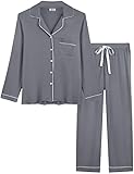 Cherrydew Women Long Sleeve Pajamas Set Bamboo Viscose Cooling Super-Soft Comfy Sleepwear Button Down Pj Lounge Sets(Gray,XL)