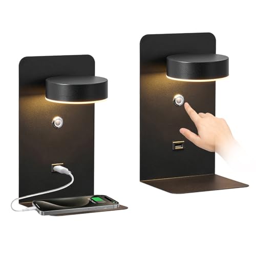 2 Piezas Aplique de Pared LED Regulable Interior, Lámpara de Pared Dormitorio Negro 12W con puerto USB, Aplique de pared interior moderno giratorio de 350° Control Táctil, Luz de lectura con enchufe