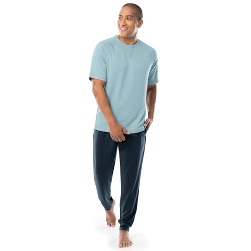 Fruit of the Loom Men's French Terry Top and Jogger Sleep Pajama Set, Light Blue/Navy, Medium by Fruit of the Loom - Image 4