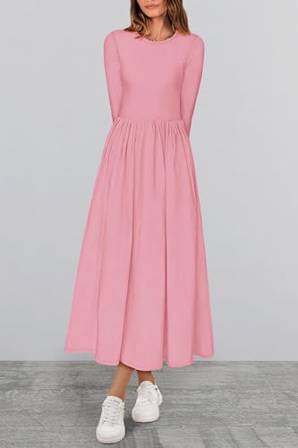 KIRUNDO Women Casual Long Sleeve Midi Dress 2026 Spring Wedding Guest Flowy Bohemian Modest Long Dresses with Pockets(Pink, X-Large) — view 2