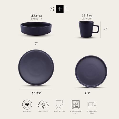 Image of Stone Lain Cleo Modern Stoneware 16-Piece Dinnerware Set, Plates and Bowls Set, Dish Set Service For 4, Dark Blue