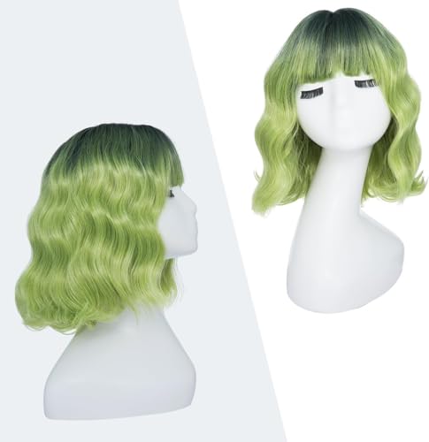Image of Rose bud Wavy Bob Wig with Bangs Natural Ombre Green Wig Synthetic Hair Shoulder Length Short Curly Wigs for Women