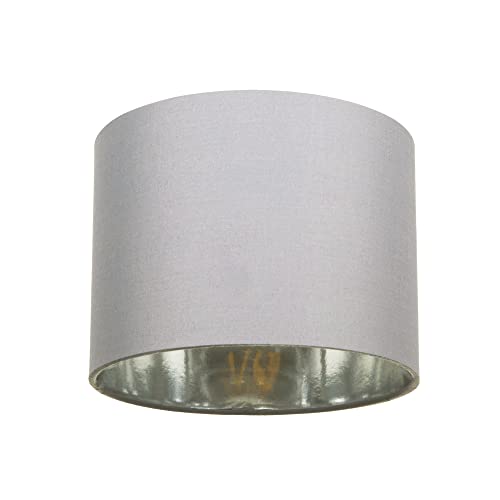 Modern and Stylish Grey Cotton Fabric Small 8" Drum Lamp Shade with Shiny Silver Inner - 40watt Maximum by Happy Homewares