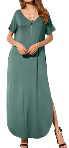 Image of GRECERELLE Women's Summer Maxi Dress Casual Loose V Neck Short Sleeve Side Split Long Dresses with Functional Pockets