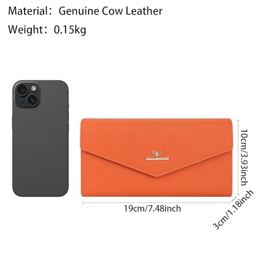 Envelop Long Wallet - RFID Blocking Simple Solid Color Multi-card Slots Card Holder Genuine Leather Purse 2480 (Orange)3