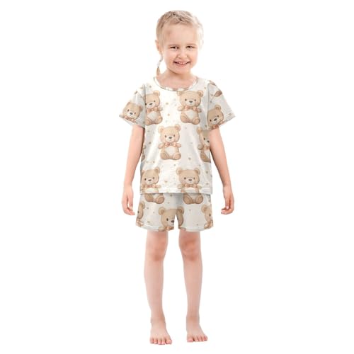 ALAZA Bear Bow Star Pajamas Set Short Sleeve Cotton Sleepwear Summer Pjs 2 Piece 5-14Y3