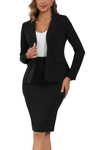 Women Casual 2 Piece Outfits Church Suit Set Long Sleeve Blazer and Pencil Skirt Set for Office Work Professional Black XL