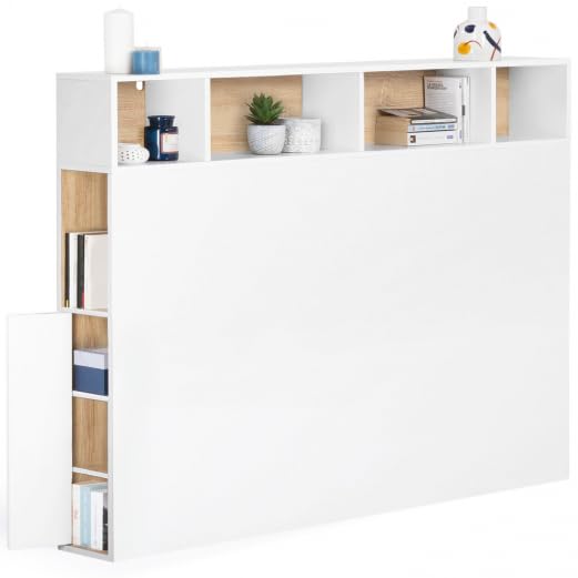IDMarket Cleo - Cabecero de cama con pie (145 cm, con almacenamiento cerrado y nichos), color blanco y haya