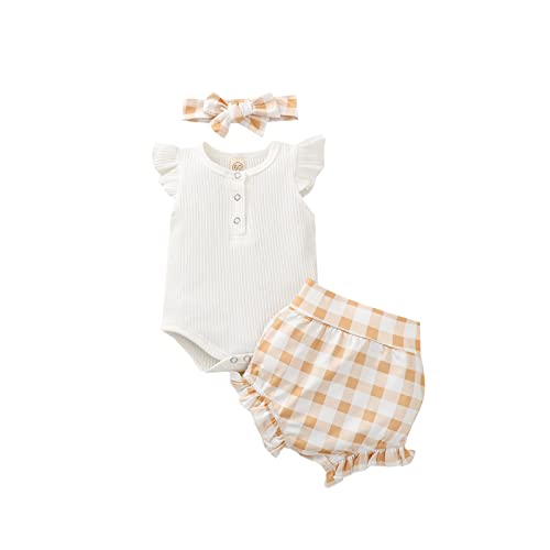 Image of Easisim 3pcs Newborn Baby Girls Shorts Set Cotton Sleeveless Romper Jumpsuit Bodysuit +Pants Shorts+Headband Outfit Set (White Plaid, 12-18 Months)