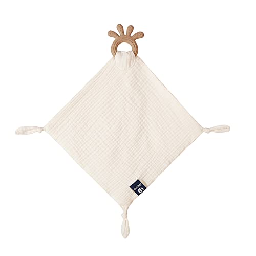 Baby Muslin Security Blanket with Food Grade Silionce Teether,Soothe Teething Toy for Boys and Girls (Cream)