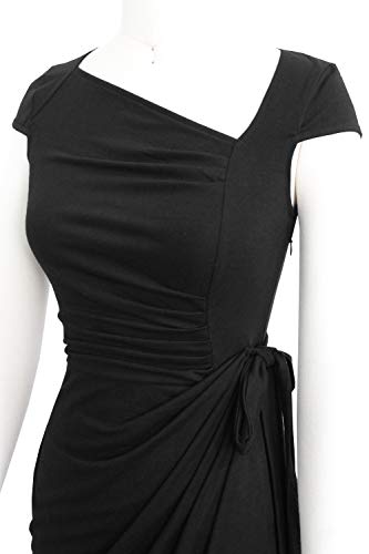 Liyinxi Classic Short Sleeves Sheath Bodycon Knee Length Belted Slim Business Tie Waist Ruched Black Pencil Dress (M, 8022-Black) #TOP4