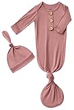 SUZEL Newborn Baby Boys Girls Knotted Gown Hat Set Soft Viscose from Bamboo Infant Sleeper Baby Sleep Gown with Mittens (Mauve, 0-3 Months)