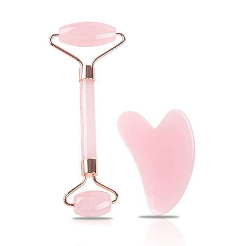 JEKUGOT Jade Roller and Gua Sha,Facial Beauty Roller Skin Care Tools, Face Roller, Rose Quartz Massager for Face, Neck, Eyes, Body Muscle Relaxing and Relieve Fine Lines and Wrinkles