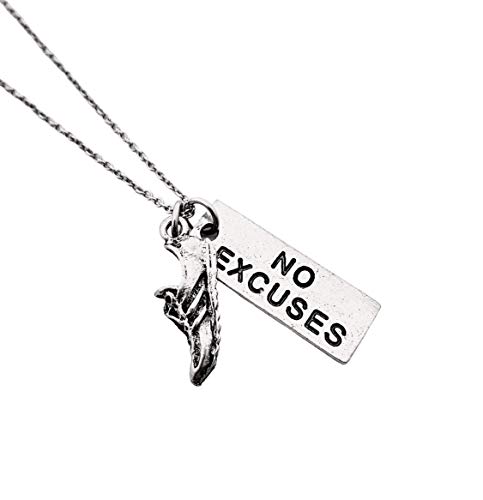 Pewter RUN with NO EXCUSES Dog Tag Style Necklace - Pewter Running Shoe Charm with Pewter Pendant 18 inch Stainless Steel Cable Chain - All Pewter