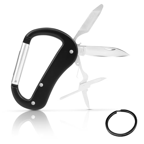 Kingsuslay Multitool Carabiner With Pocket Knife, Bottle Opener,Nail File,Small Scissors,Edc Carabiners Keychain With Folding Knives,Auxiliary Tools For Camping,Hiking,Outdoor Activities(Black) cover