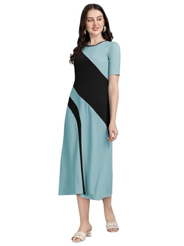 Image of LONDON BELLY Women's Poly Cotton Maxi Dress with Round Neck Half Sleeves Striped Pattern Calf Length Regulat Fit and Flare | Elegant Fit and Flare Western Dress | Women Stylish Cotton Maxi Dress