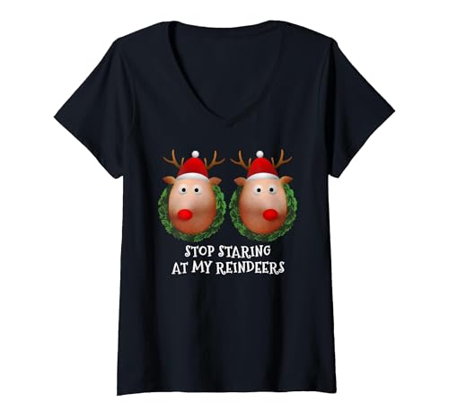 Women's Stop staring at my Reindeers Boobs Ugly Gag Xmas Sweater V-Neck T-Shirt, Black, X-Large