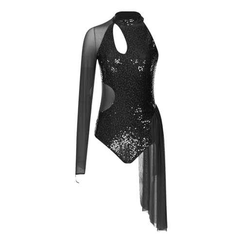Maillot Gimnasia Ritmica Mujer Malla de ballet y gimnasia for mujer, con purpurina, un hombro, lentejuelas, malla transparente, vestido de baile lírico, ropa de baile, mono de patinaje artístico(Black