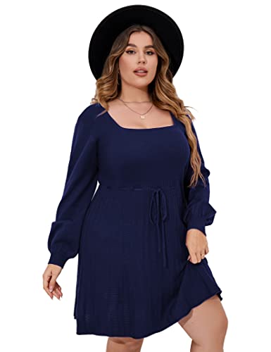 Image of Women's Plus Size Casual Sweater Dress Square Neck Long Lantern Sleeve Tie Waist Loose Pullover Sweater Dresses