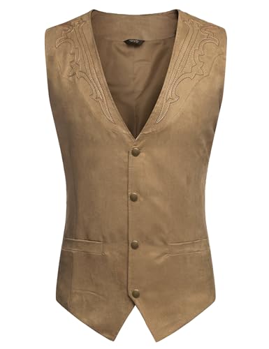 COOFANDY Colete masculino de couro de camurça, casual, ocidental, colete justo, colete, Caqui (com p
