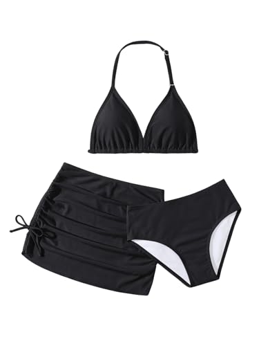 Image of RoseSeek Girl's 3 Piece Cute Bowknot Bathing Suit Halter Triangle High Waisted Swimsuit with Beach Cover Up Skirt