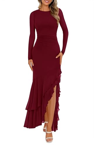 BTFBM Women's Maxi Dresses Fall 2025 Long Sleeve Ruched Bodycon Solid Ruffle Mermaid Cocktail Wedding Guest Dress