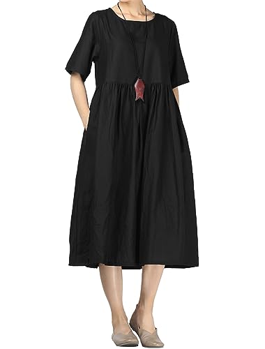 Minibee Women's Linen Tunic Summer Dress Casual Midi Dresses with Pockets