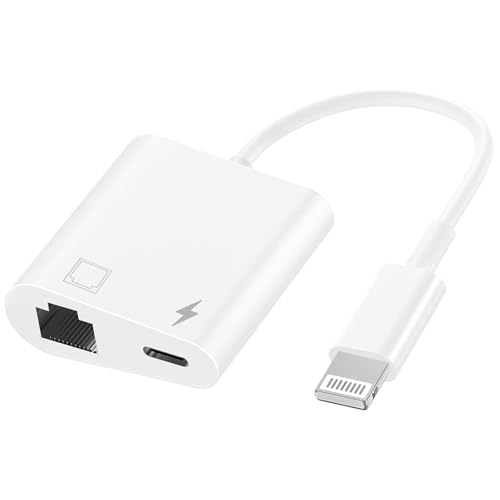 MFi Certified 2 in 1 Lightning to RJ45 Ethernet LAN Network Adapter with Charge Port Compatible with iPhone/iPad/iPod Models Supports 100Mbps Plug and Play Ethernet Network