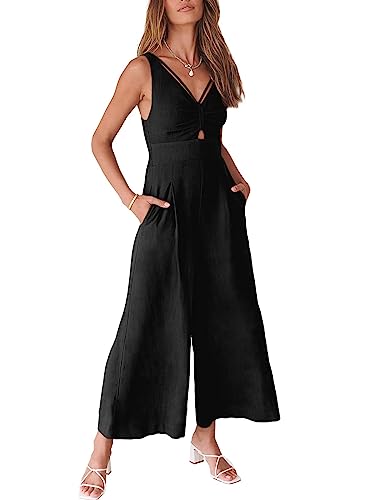 ANRABESS Women's Jumpsuits Summer Wide Leg Sleeveless V Neck Casual Dressy Linen Pants Rompers 2025 Vacation Beach Outfits Black Small