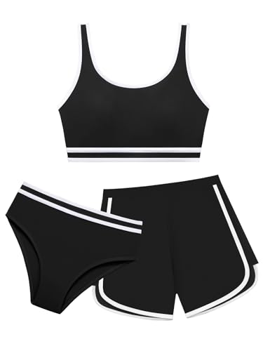 Girl 3 Piece Swimsuits Bathing Suit High Waist Color Block Bikini Set with Shorts Swimwear for Size 9-14 Years