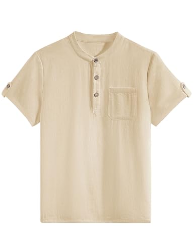 heekpek Camisa de Manga Corta Niño Verano Algodón Henley Camiseta para Niños (3-14 años), Albaricoque， 140cm