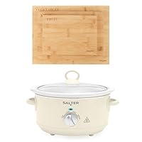 Salter Retro 3.5L Slow Cooker & Bamboo Chopping Board Set – 200W Cream Electric Cooker with 3 Heat Settings & Tempered Glass Lid, 3-Piece Cutting Boards for Meat, Fruit & Vegetables