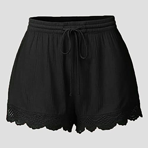 Shorts femininos de verão, plus size, com acabamento em renda, cintura elástica, cordão, leve, confo