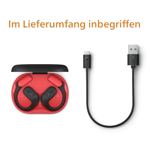 Philips TAA6709 True Wireless Air Conduction Open Ear Sports 5.3 Bluetooth Headphones, 28 Hours Playtime, IP55 Dust/Water Protection, Slimline Charging Case - Red and Black