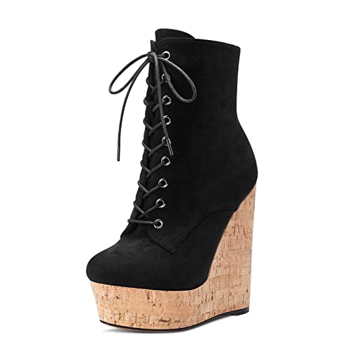 Aachcol Women Wedge Ankle Boots Short Bootie Mid Calf Close Round Toe Chunky Block High Heel Dress Shoes Suede Lace-up 6 Inch