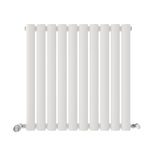 Image of iBathUK Strata Wall-Mounted Horizontal Single Oval Panel Radiator, 10 Column Steel High Thermal Output Hydronic Central Heating, Designer Modern Radiator in Matt White, 600 × 590mm