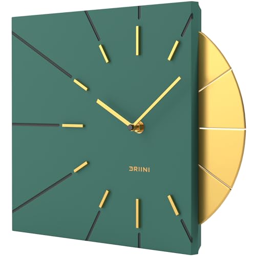 Driini Clocks Mid Century Modern Wall Clock - Square Green Clock with Decorative Gold Accent- Unique and Cool Clock, Battery Operated - MCM Decor & Decorative Wall Clock for Mid Century Modern Decor.