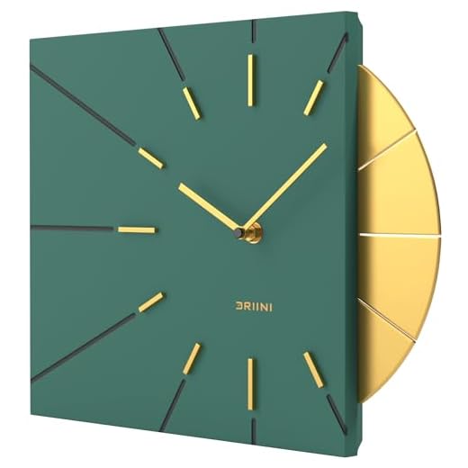 Driini Clocks Mid Century Modern Wall Clock - Square Green Clock with Decorative Gold Accent- Unique and Cool Clock, Battery Operated - MCM Decor & Decorative Wall Clock for Mid Century Modern Decor.