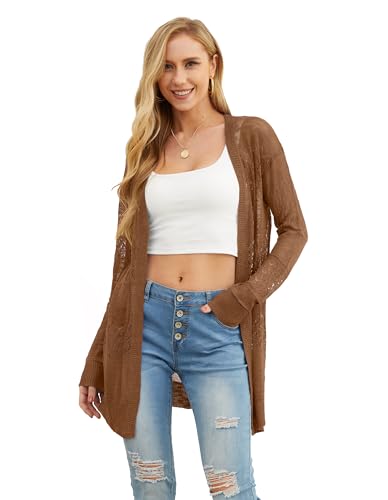 Image of GRECERELLE Lightweight Cardigan Sweaters for Women Crochet Knit Open Front Long Sleeve Loose Casual Boho Summer Beach Coverup