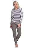 Normann Geringelter Damen Frottee Pyjama Schlafanzug lang mit Bündchen, Farbe:grau, Größe:40-42