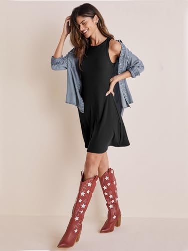 Wenrine Womens Summer Casual Tank Dress Ribbed Knit Sleeveless Crewneck A Line Mini Dresses4