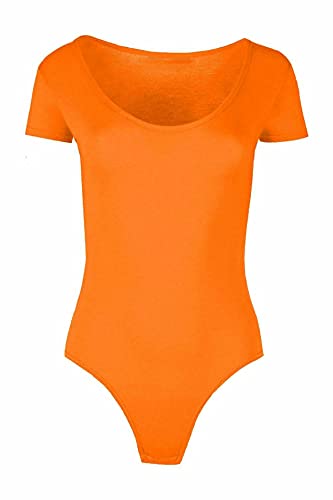 Image of Red Olives® Womens Ladies Plain Cap Sleeve Scoop Neck Leotard Top Stretch T-Shirt Bodysuit UK 8-14 (12-14, Neon Orange)